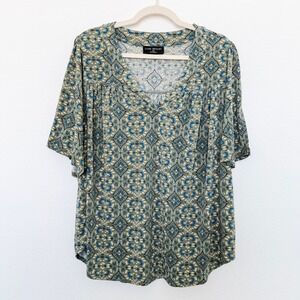 Lane‎ Bryant Womens Top Size 18/20 Green Liquid Knit Geometric Print Boho Retro